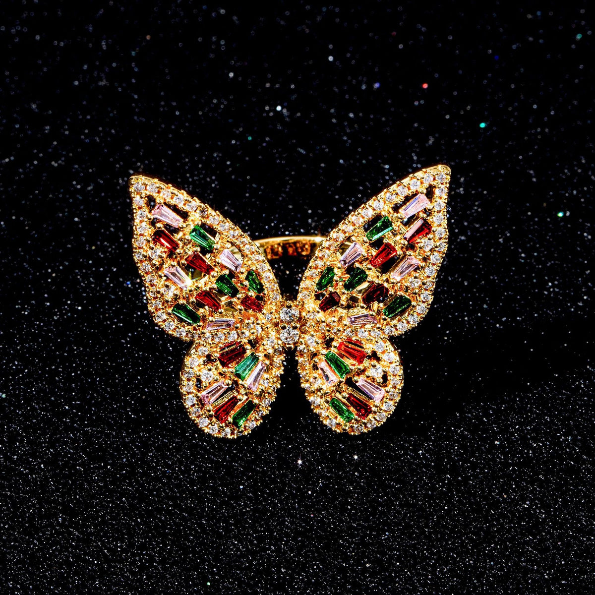 Rainbow Butterfly 18K Gold Multicolour Cubic Zirconia Adjustable Ring For Women