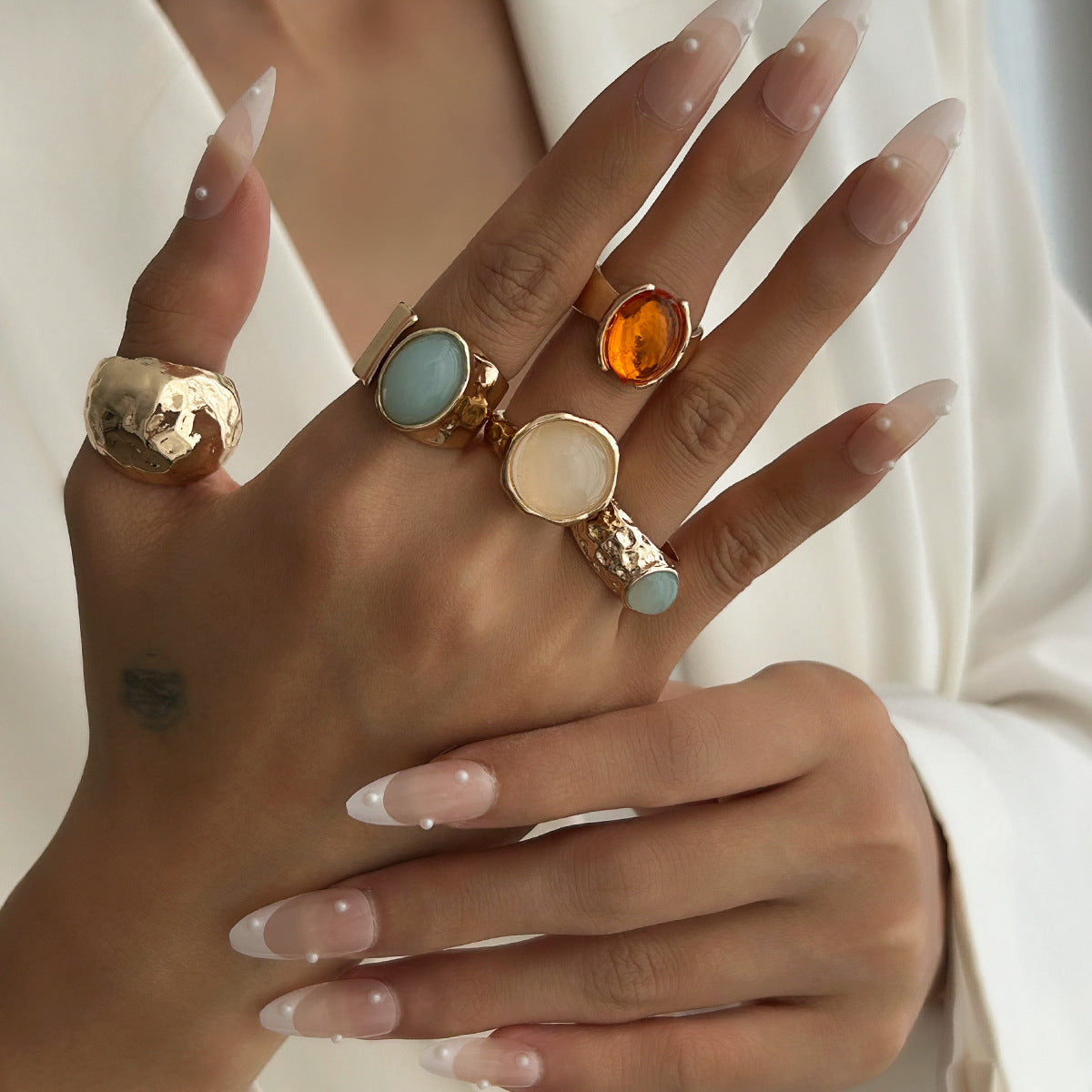 Beaten Finish Green Orange Gemstone 18K Gold Free Size Ring Combo Pack Of 5 For Women