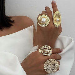 Oval Beaten Finish Pearl 18K Gold Plated Free Size Ring For Women