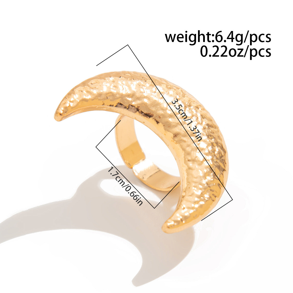 Beaten Finish Crescent Moon 18K Gold Free Size Ring For Women