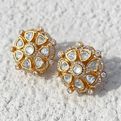 Gold Flower Kundan-Polki Anti Tarnish Copper Stud Earrings Women