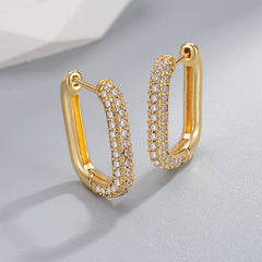 Geometric Double Layer Gold Plated CZ Copper Hoop Earrings For Women