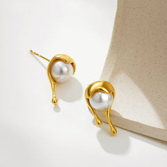 Organic Drop Gold Pearl Anti Tarnish Stainless Steel Stud Earrings