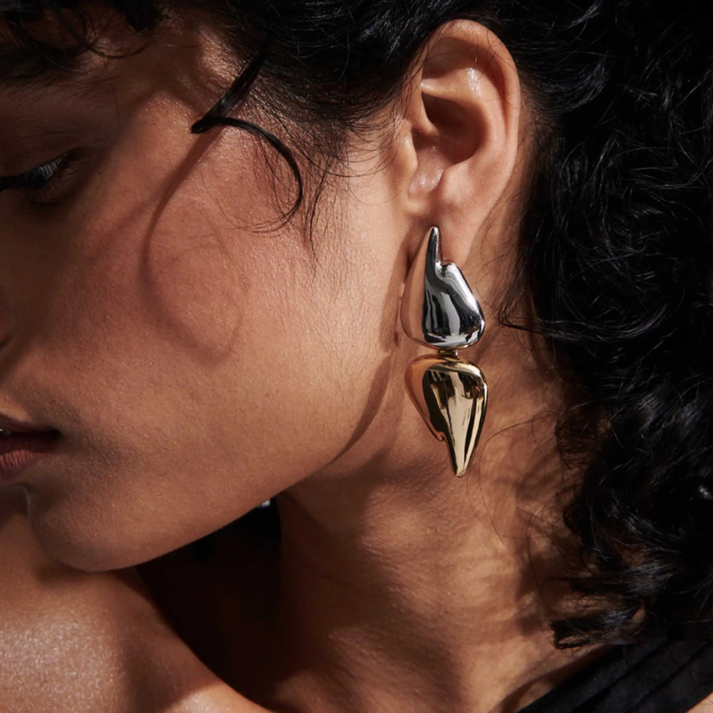 Modern Dual Tone Leaf Gold Silver Plated Stainless Steel Stud Earrings