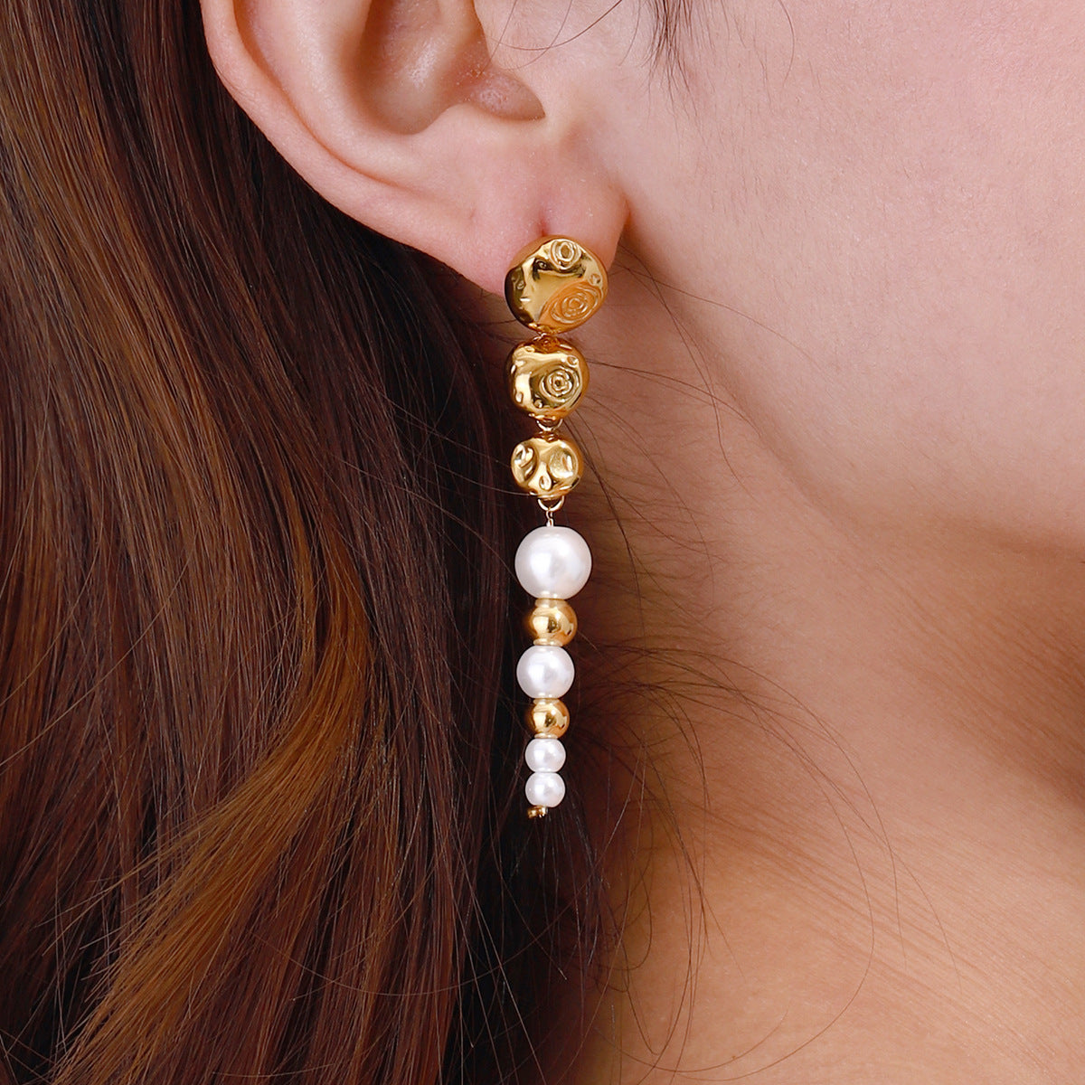 Textured Bead Elegant 18K Gold Plated White Pearl Alloy Dangler Drop Earrings For Women