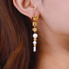 Textured Bead Elegant 18K Gold Plated White Pearl Alloy Dangler Drop Earrings For Women