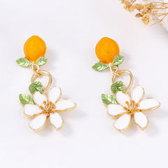 Orange Pink  Flower Gold Plated Enamel Dangler Earrings For Women