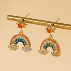 Designer Multi Color Rainbow Horseshoe Gold CZ Copper Drop Earrings
