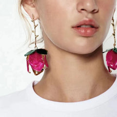 Pink Blue Red White Flower Gold Plated Enamel Dangler Earrings For Women