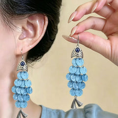 Designer Evil Eye Silver Blue Beaded Tassel Drop Earrings For Women