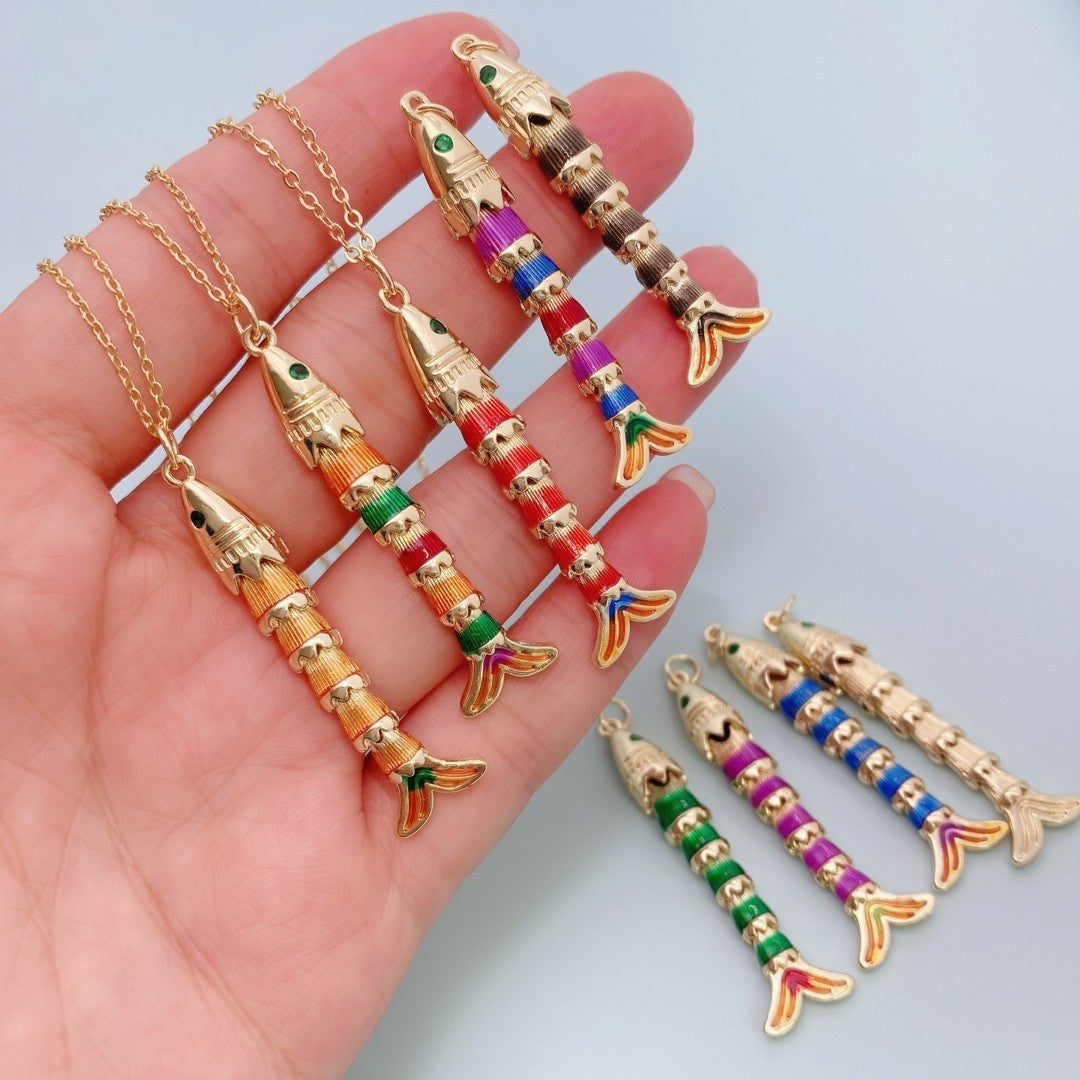 Multi Color Fishbone Gold Plated Enamel Copper Pendant Chain For Women 
