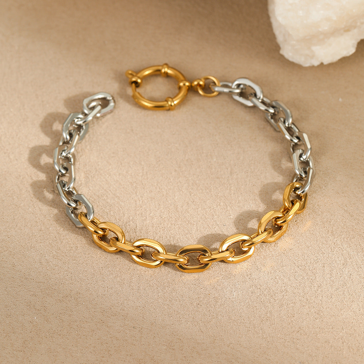 Two Tone 18K Gold Silver Stainless Steel Anti Tarnish Link Bracelet For Women