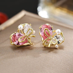 White Pink Heart Bow Gold Pearl Cubic Zirconia Stud Earrings For Women