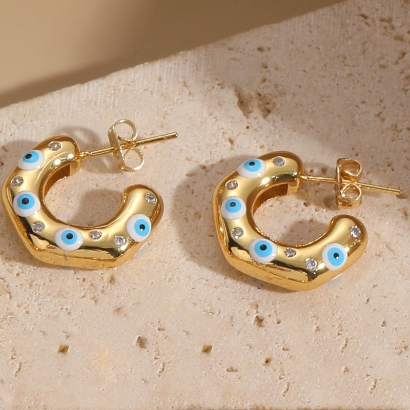 Evil Eye Gold CZ Anti Tarnish Stainless Steel Hoop Earrings