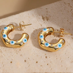 Evil Eye Gold CZ Anti Tarnish Stainless Steel Hoop Earrings