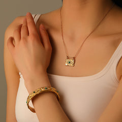 Green Evil Eye Gold Plated CZ Stainless Steel Necklace & Cuff Bracelet