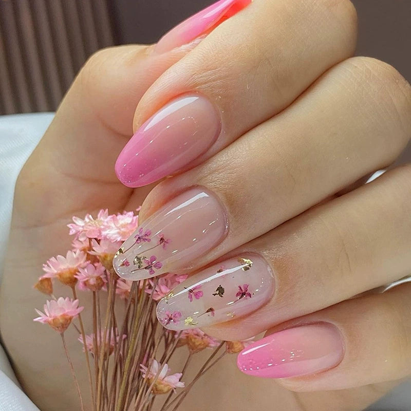 Luxury Pink Floral Gradient Almond Press-On Nails Pack Of 10 For Women