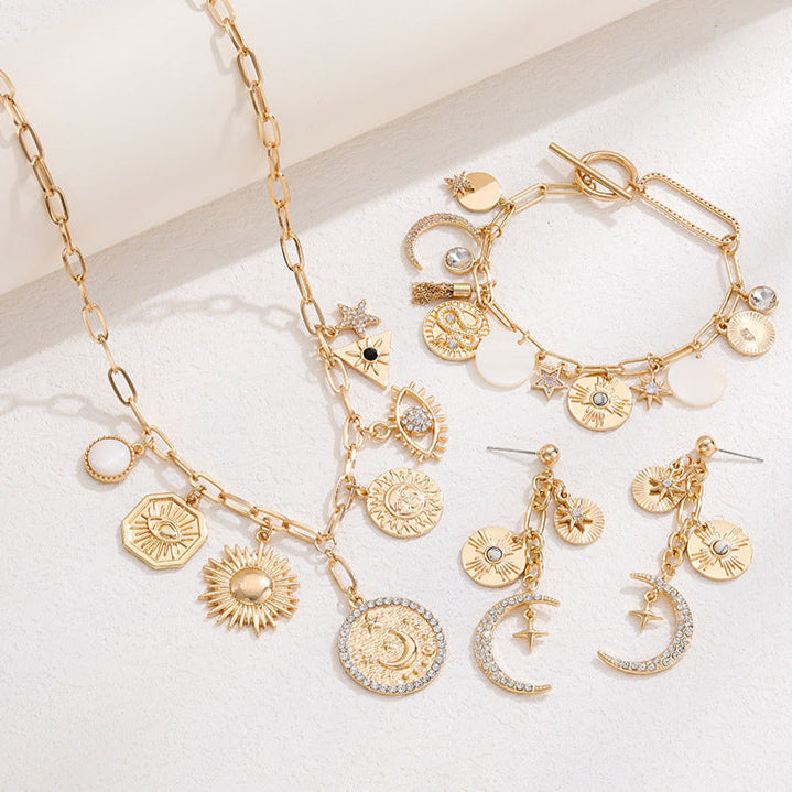 Coin Star Sun Moon Clouds Universe 18K Gold Anti Tarnish Necklace Earring Bracelet Set For Women