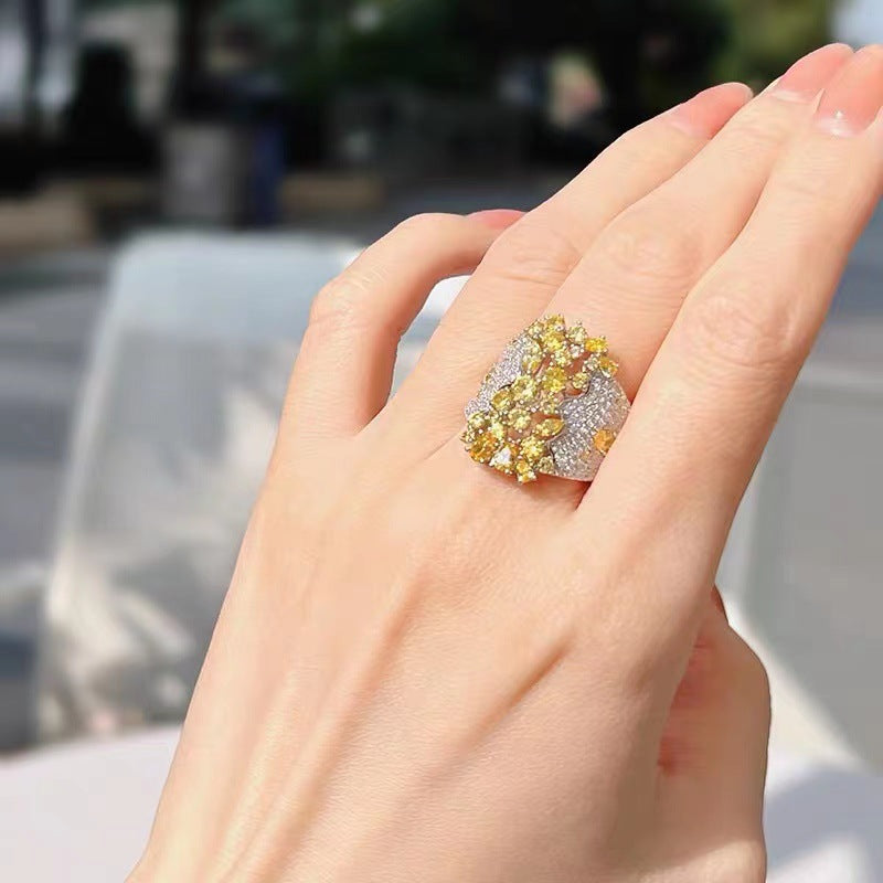 Luxury Floral Cluster Yellow White Silver Plated CZ Copper Cocktail Ring