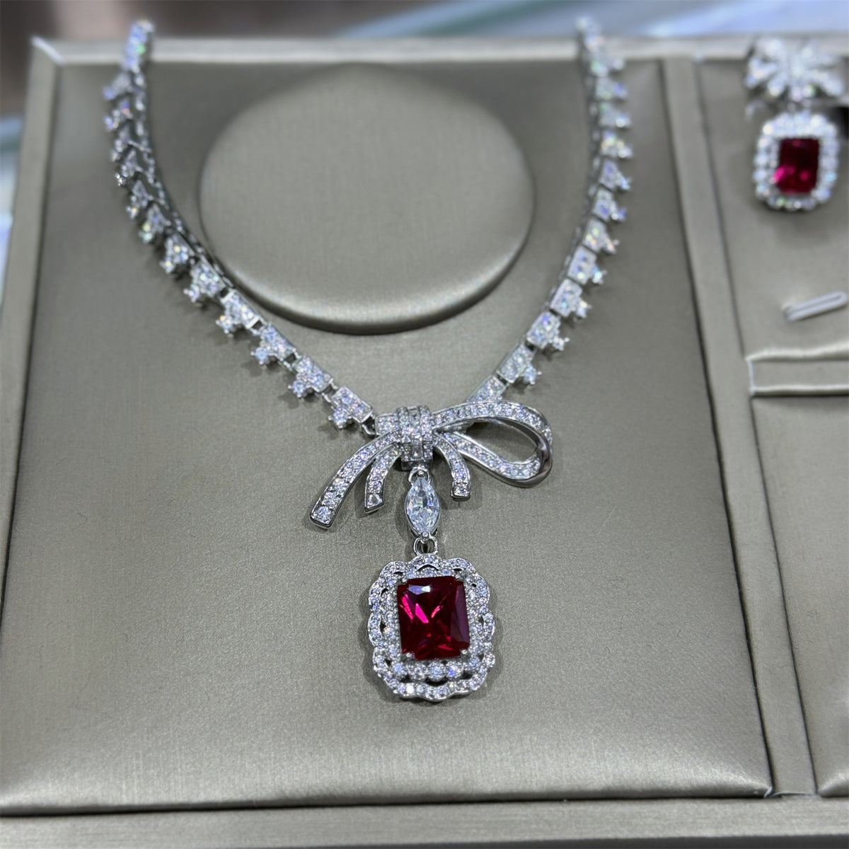 Luxury Ruby Red Emerald Cut CZ Silver Plated Copper Necklace Combo Set
