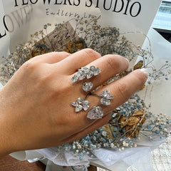 Flower Solitaire 18K Gold Silver Anti Tarnish Adjustable Dual Finger Ring For Women