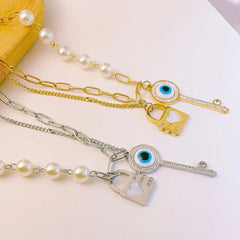 Heart Key Lock Evil Eye Pearl 18K Gold Stainless Steel Necklace Chain For Women