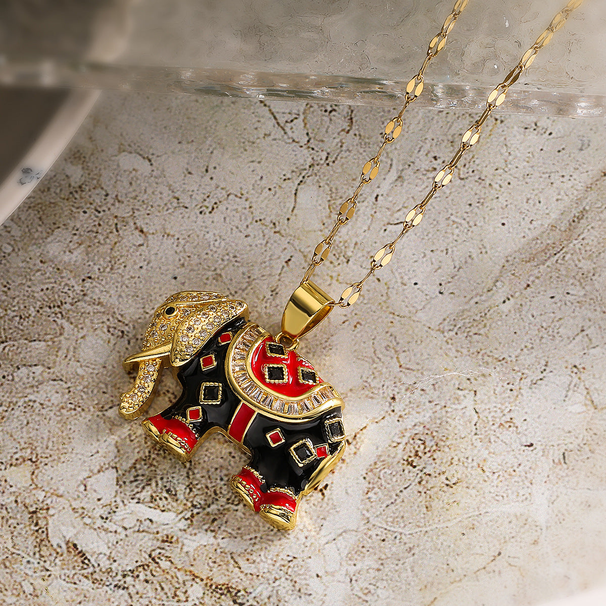 Elephant CZ Enamel 18K Gold Anti Tarnish Necklace Pendant Chain