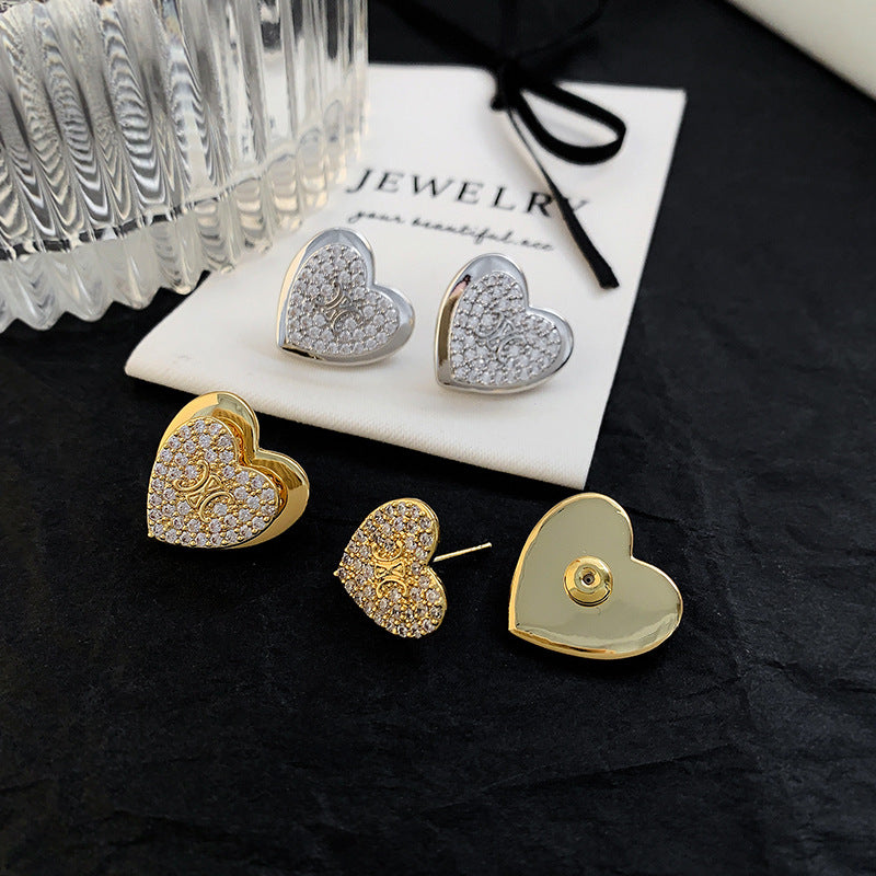 Heart 18K Gold Silver Cubic Zirconia Anti Tarnish Stud Earring Pair For Women