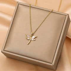 Dragonfly Cubic Zirconia 18K Gold Stainless Steel Anti Tarnish Necklace Pendant Chain For Women
