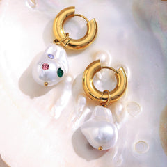 Pearl multi gemstone 18K Gold White Stainless Steel Anti Tarnish Hoop Earring For Women