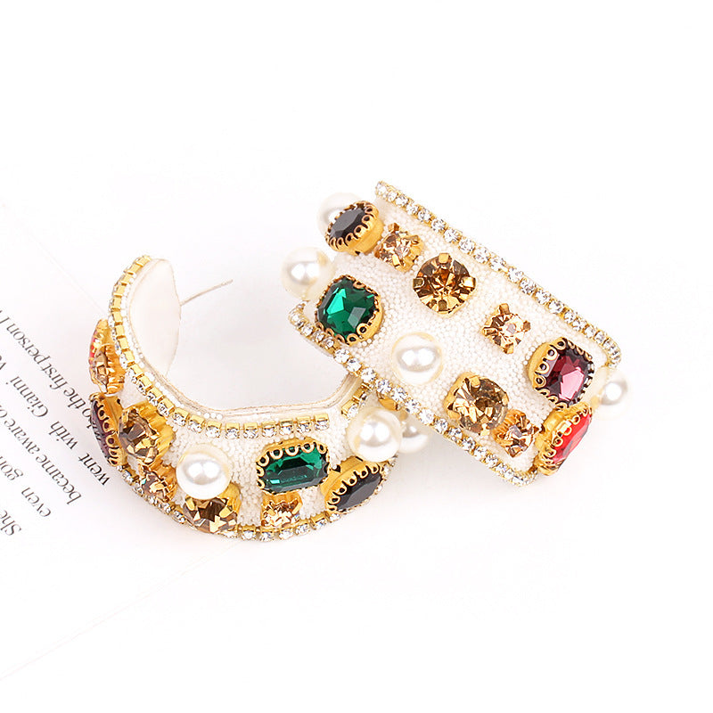 18K Gold Plated White Black Multi Gemstone CZ Pearl Hoop Earring