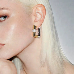 Elegant Dual Tone Square Gold Silver Plated CZ Copper Hoop Earrings