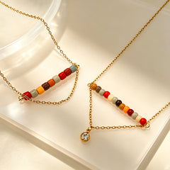 Multi Color Layered Gemstone Beads Gold CZ Anti Tarnish Copper Necklace