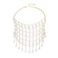 Multi-Layer Waterfall Gold Plated Rhinestone Fringe Necklace For Women