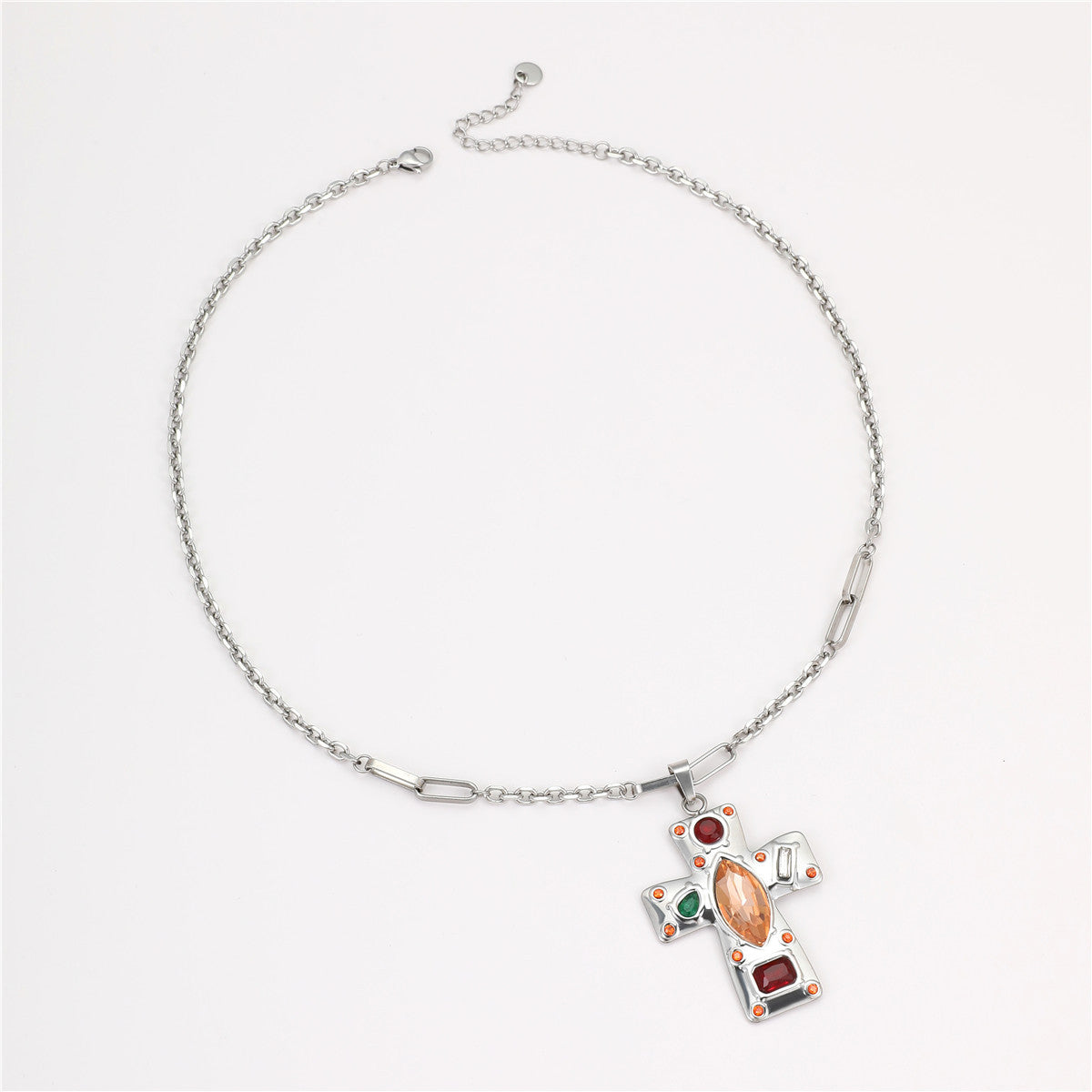 Jesus Cross Silver Brown Multi Gemstone Stainless Steel Anti Tarnish Pendant Chain Necklace For Women