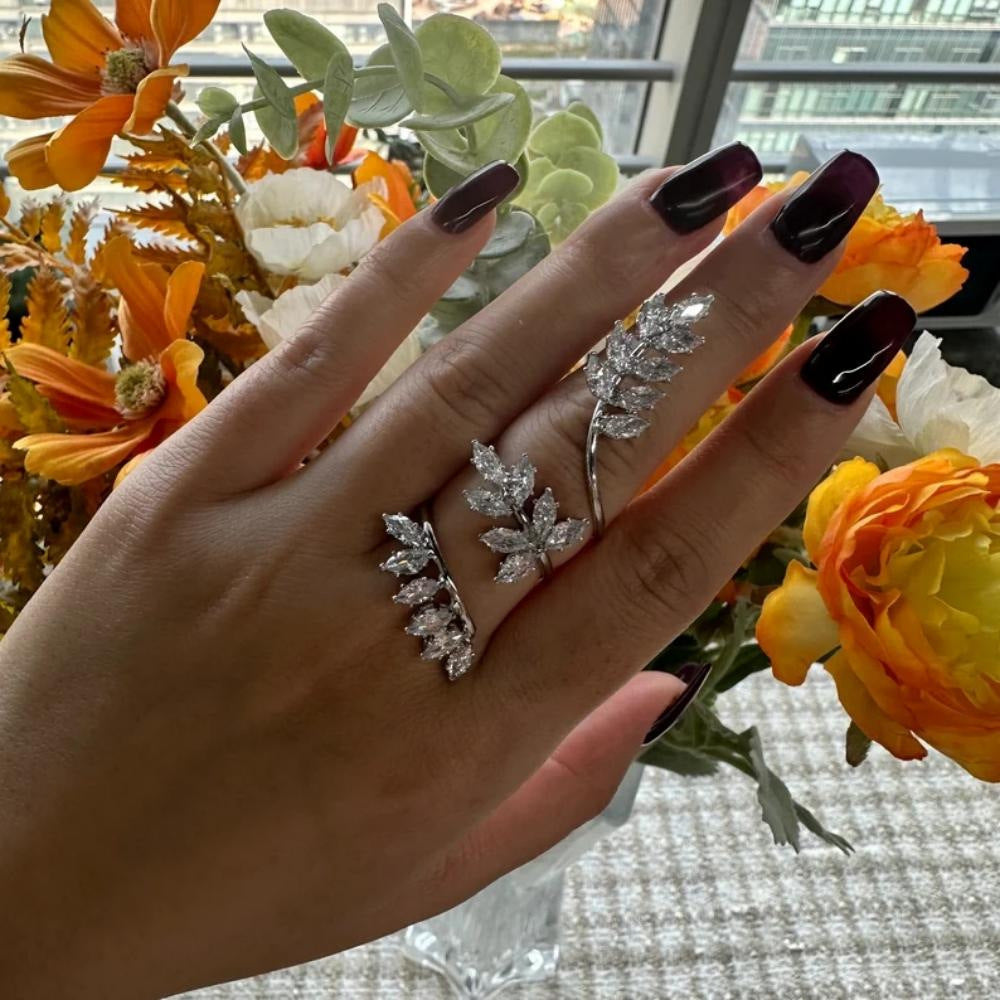 Leaf 18K Gold Silver Solitaire Anti Tarnish Adjustable Finger Ring For Women