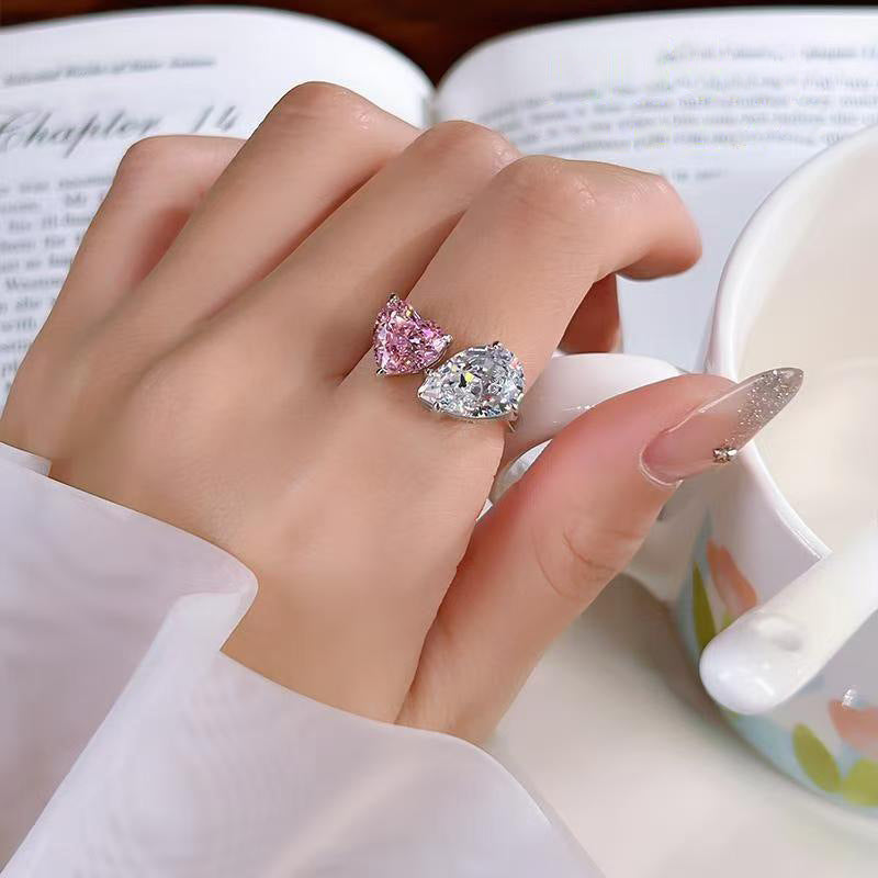 Pink White Heart Pear Cubic Zirconia Copper Adjustable Ring For Women