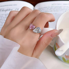 Pink White Heart Pear Cubic Zirconia Copper Adjustable Ring For Women