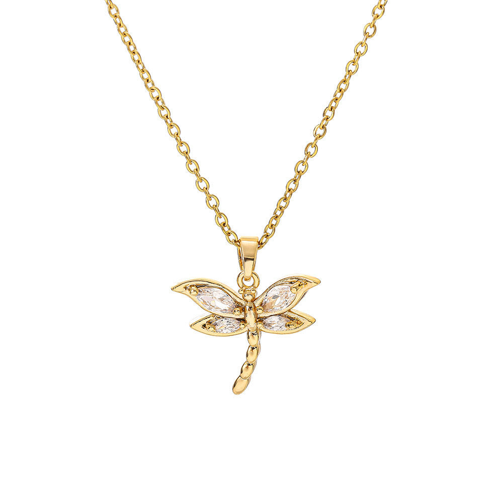 Dragonfly Cubic Zirconia 18K Gold Stainless Steel Anti Tarnish Necklace Pendant Chain For Women