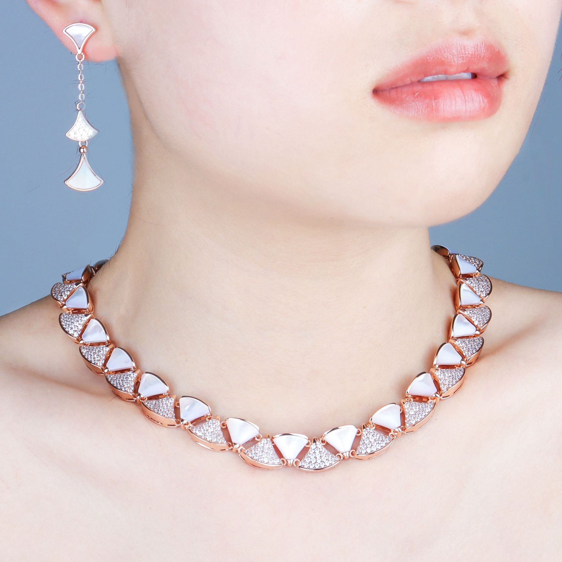 Modern White Shell Rose Gold Plated CZ Copper Necklace Earring Set