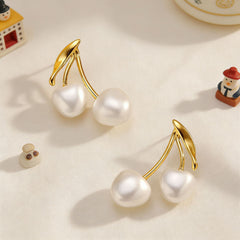 White Cherry Gold Pearl Anti Tarnish Copper Dangler Earrings For Women