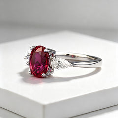 Luxury Oval Ruby Red Silver Plated White CZ Solitaire Ring For Women