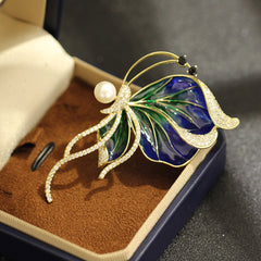 Blue & Green Floral Gold Plated White CZ Enamel Faux Pearl Copper Brooch