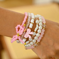 Pink Layered Stretchable Bow Charm Gold Plated Crystal Bracelet