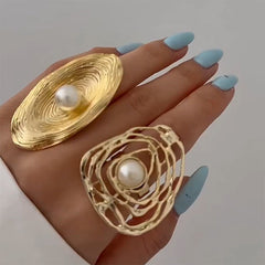 Oval Beaten Finish Pearl 18K Gold Plated Free Size Ring For Women