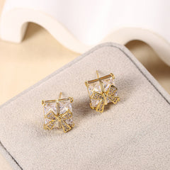White Sparkling Bowknot Gold Plated CZ Anti Tarnish Copper Stud Earrings