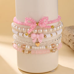 Pink Layered Stretchable Bow Charm Gold Plated Crystal Bracelet