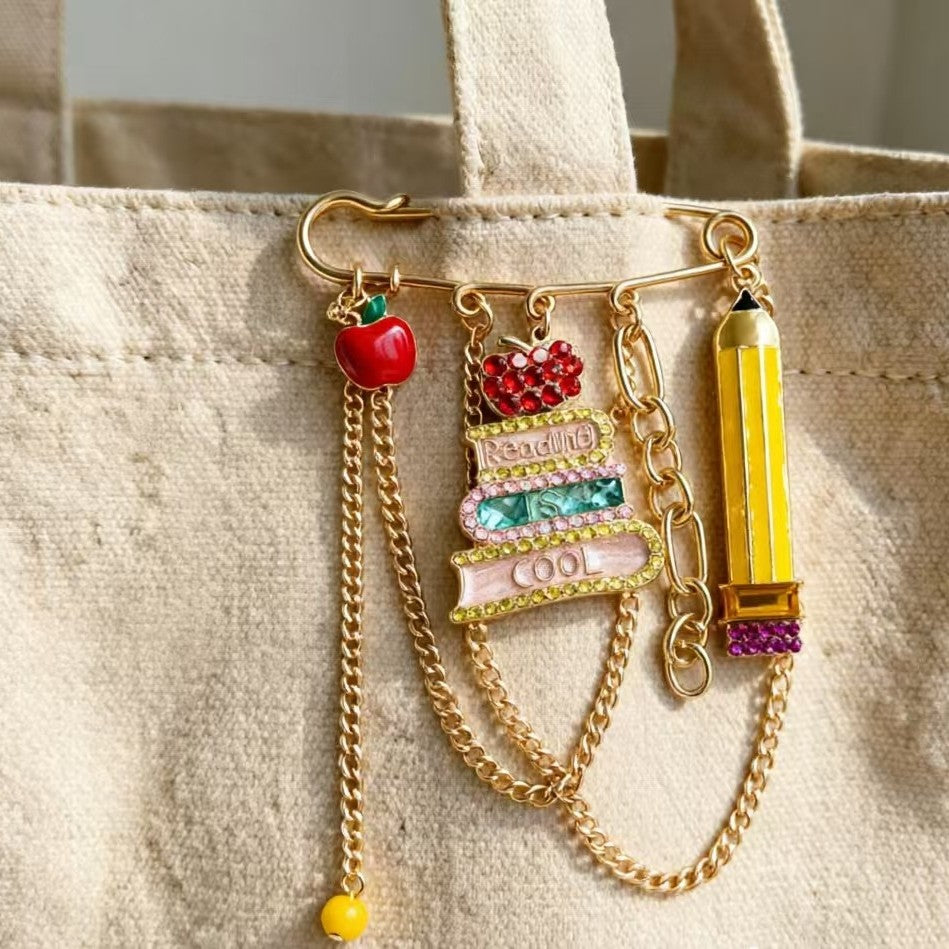 Designer Apple Pencil Book Charm Gold Plated Rhinestone Enamel Brooch