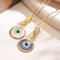 White Blue Evil Eye Gold Enamel Copper Pendant Chain For Women