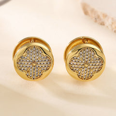 Gold Clover Cubic Zirconia Anti Tarnish Copper Stud Earrings For Women